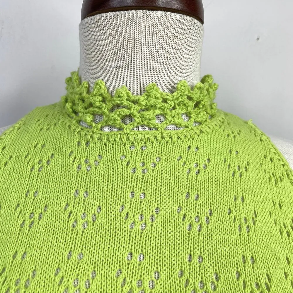 Vintage Dolphin California Lime Green Crochet Knit High Neck Belted Maxi Dress - Image 4