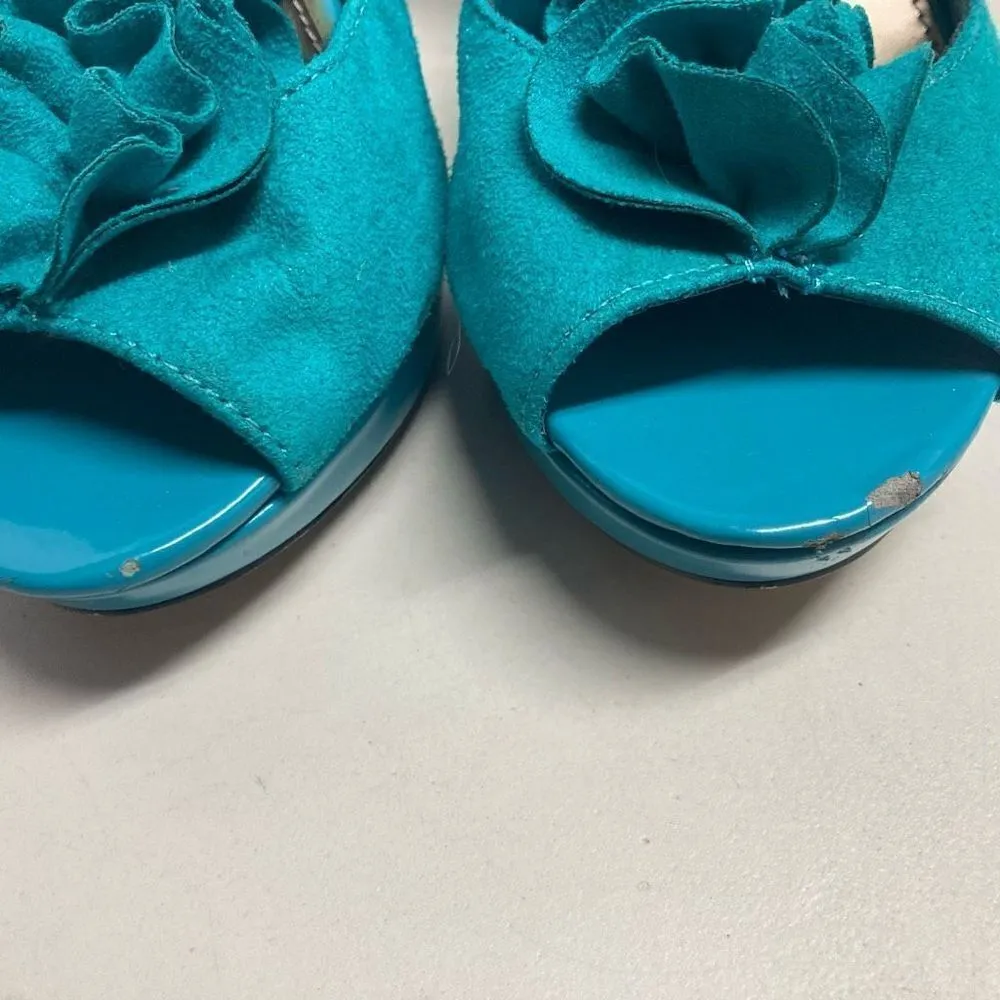 CATO Turquoise Ruffle Strap Hook & Loop Peep Toe Heels Size 7 - Image 7