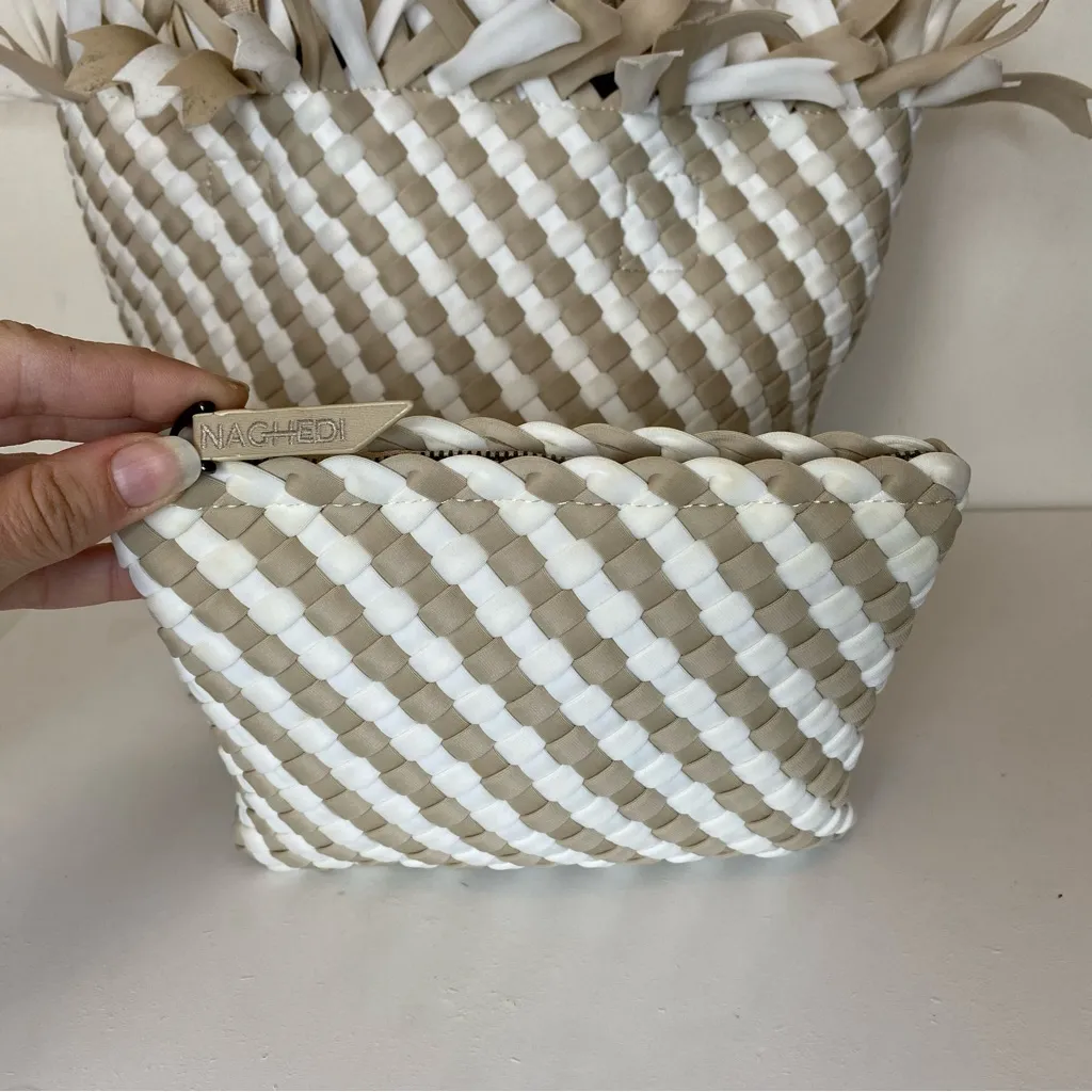 NAGHEDI Havana Small Woven Neoprene Tote Fringe Crossbody Striped Almaza Tan - Image 11