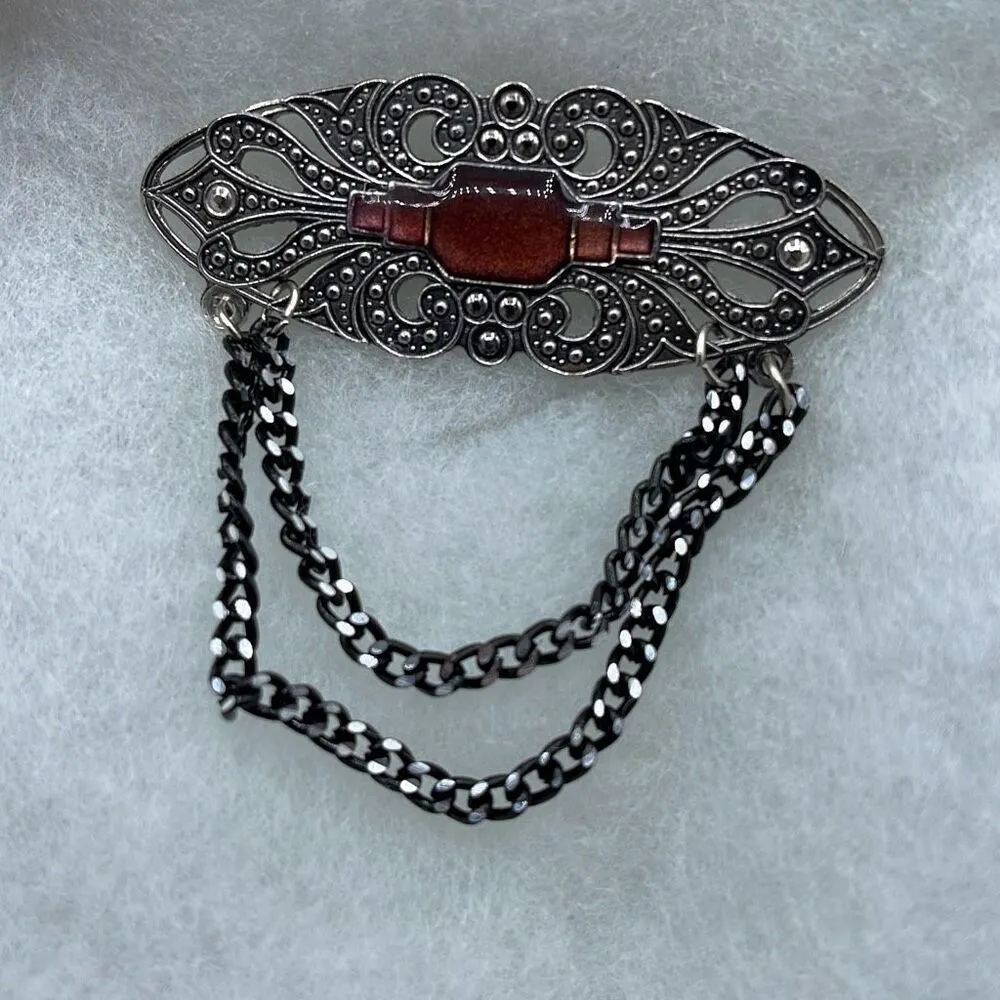 Vintage Victorian looking enamel dropping chains brooch. Silver - Image 3