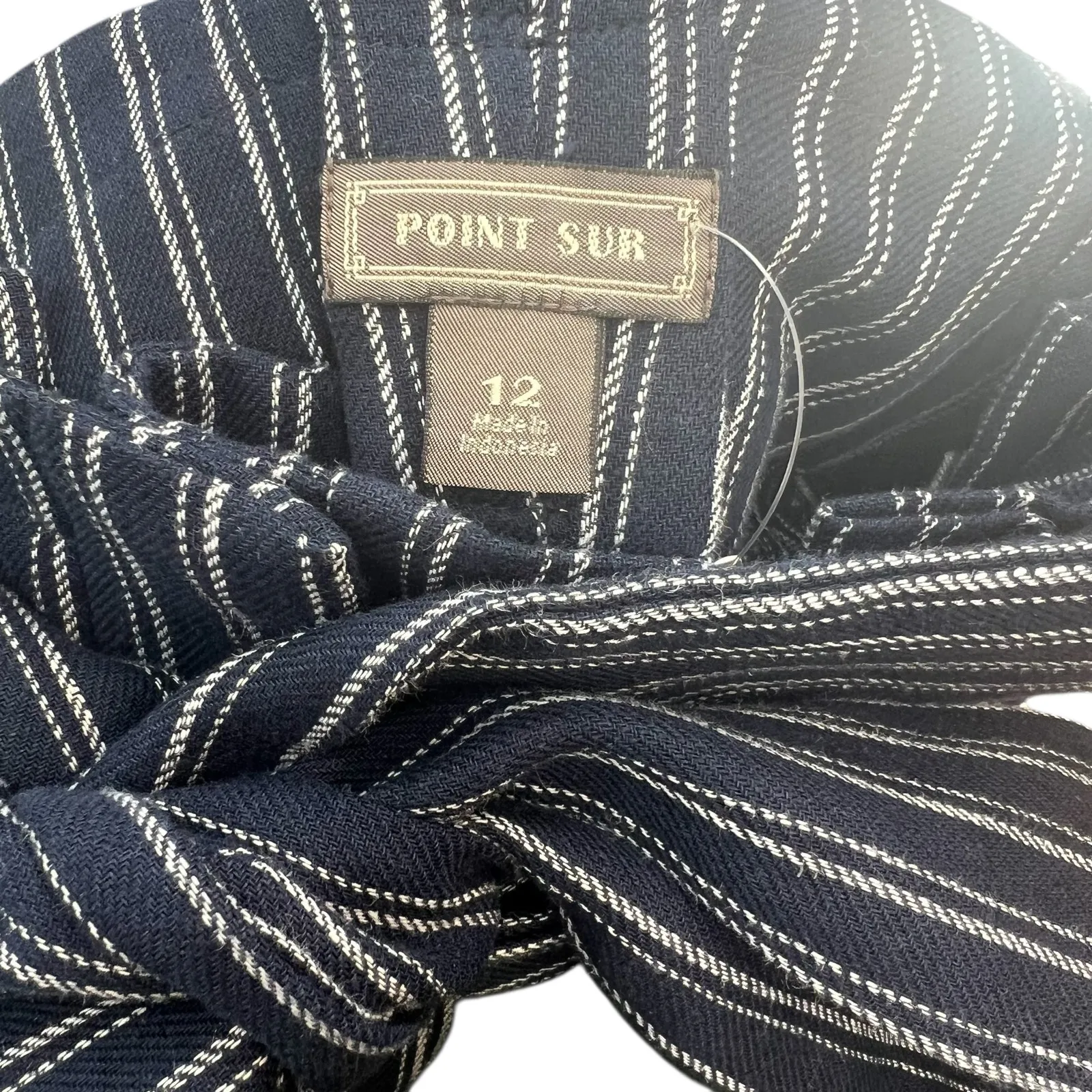 J. Crew Point Sur Paperbag Pants Wide Leg Belt Stripe Navy Blue Size 12 - Image 11