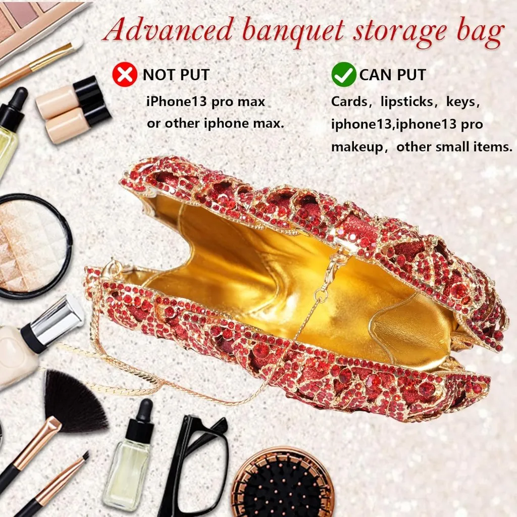 ⚡ Women's Rhinestone Sparkly Handmade Glitter Diamond Flower Red Clutch Bag - Image 3