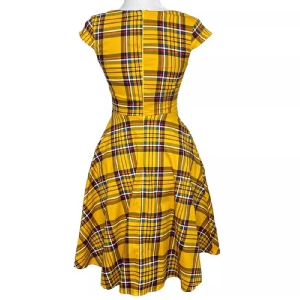 Hanpceirs Cap Sleeve 1950s Retro Vintage Style swing Gold Plaid Dress size XS - Image 8