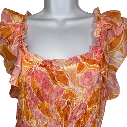 NANETTE LEPORE Vibrant Orange‎ and Pink Ruffled Smocked Blouse NEW $58 M - Image 3