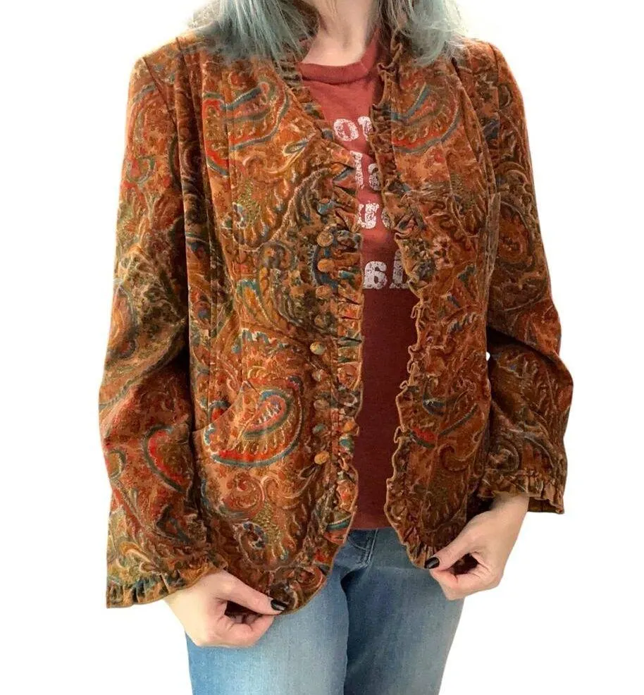 Katie Todd 70s Style Retro Ruffle Paisley Orange Blazer New Medium - Image 7