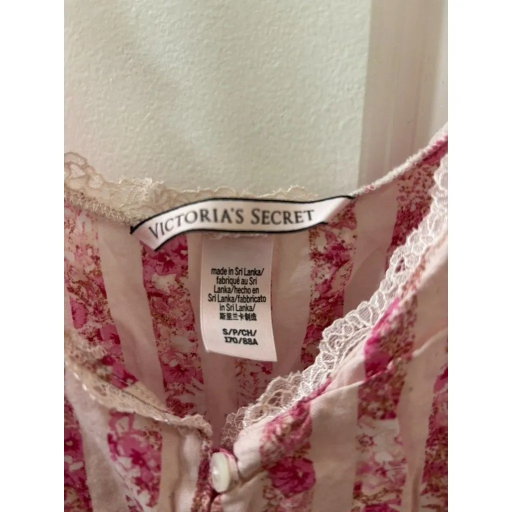 Victoria's Secret Lace Trim Button Up Cami Tank Top S PINK FLORAL SRTIP - Image 4