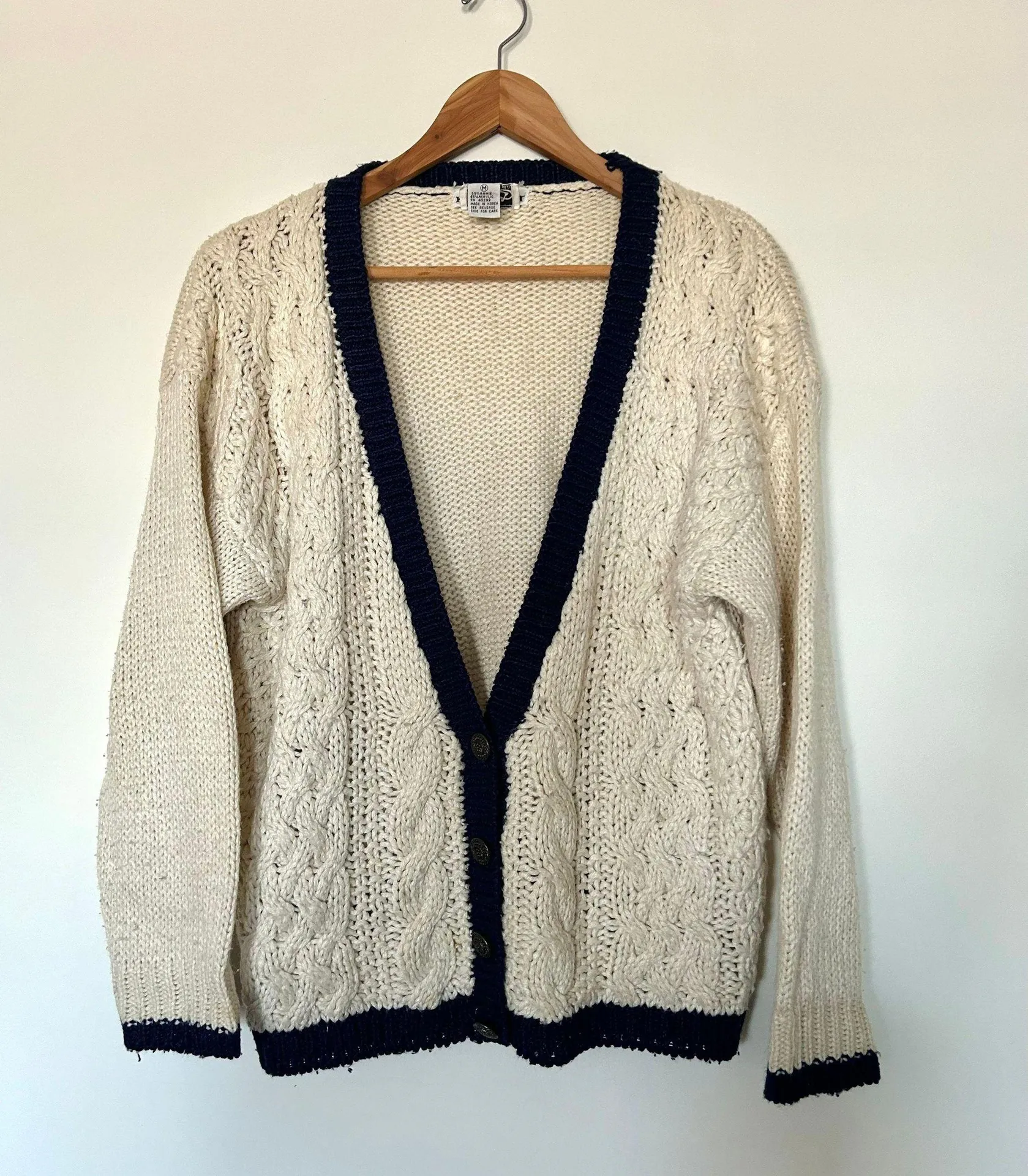 Vintage Contrast Cream And Navy Cardigan Sweater Blue Size M - Image 6