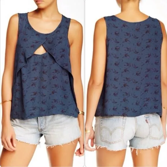 Free People Indigo Combo Tank Top Floral Print Cutout Sleeveless Crinkle Cut Out - Image 2