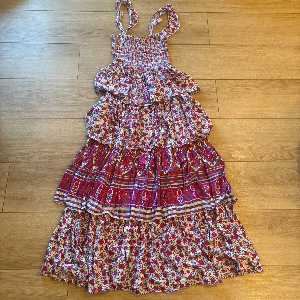 Abel the Label Ruffle Tiered Pink Purple Floral Smocked Maxi Dress Size S - Image 2