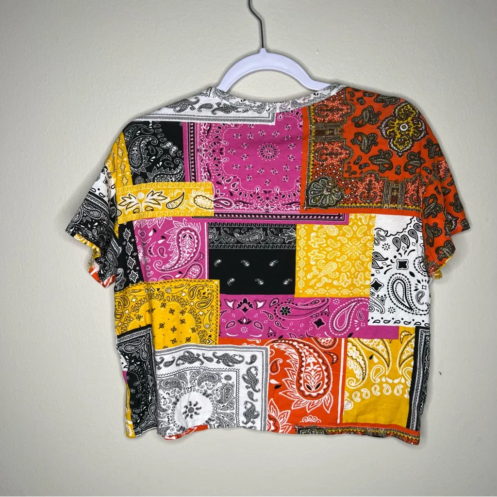 Zara Multicolor Patchwork Paisley Color Block Short Sleeve Boxy Cropped Tee S - Image 9