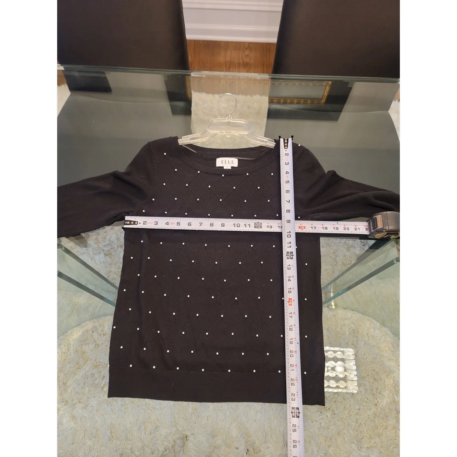 ELLE Sweater Women's Medium Black Pearl Embellished 34 Sleeve Pullover Knit - Image 12