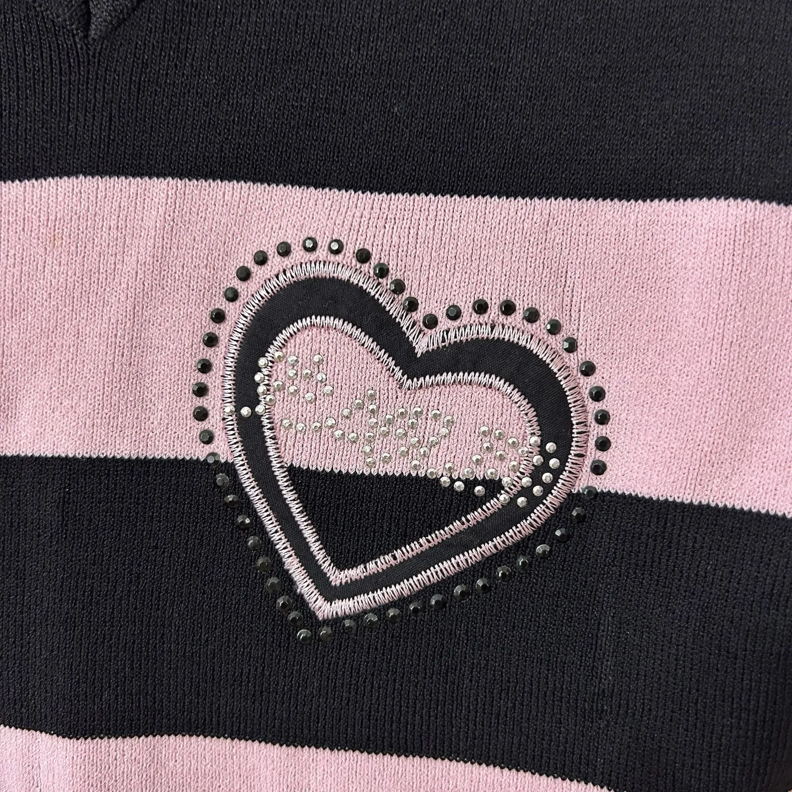 AK Anne Klein Pink Striped Short Sleeve Heart Y2K Top‎ Embellished Bling Sz S? - Image 2