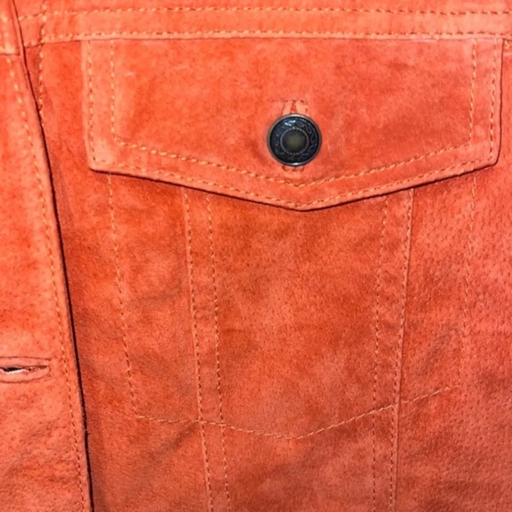 🧡 Denim & Co Button Front Washable Suede Leather Jean Jacket Size XS Orange - Image 2