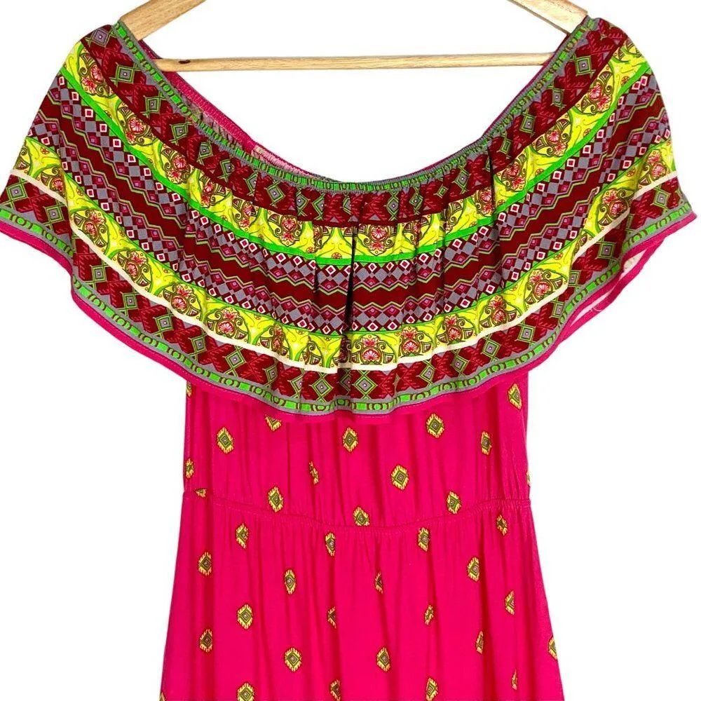 Flying Tomato Off The Shoulder Maxi Dress Boho Pink Floral Drawstring Size S - Image 6