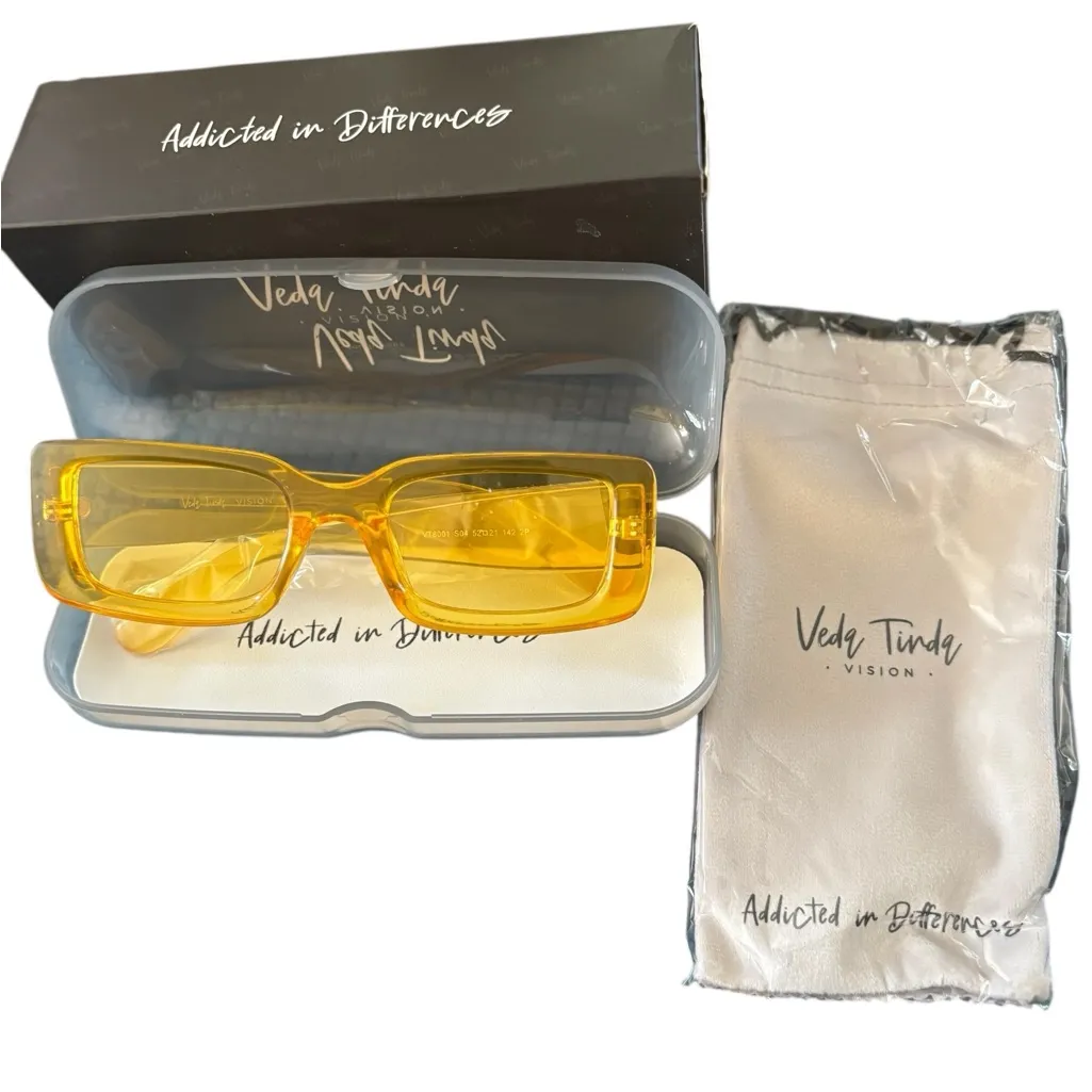 Veda Tinda Vision Sunglasses YELLOW Rectangle Lucite Includes Case Cloth NIB - Image 2