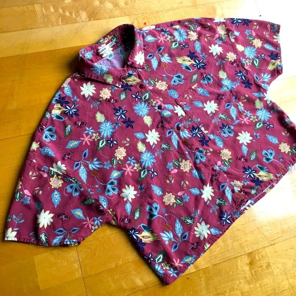 Pull & Bear Floral, Button Up Cropped Top, Rust Orange, Blue, Yellow, Size M - Image 16