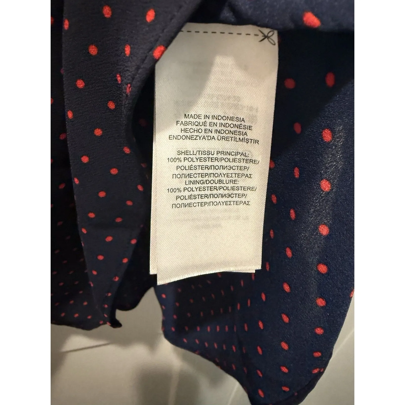 Ralph Lauren Tie-Neck Georgette Top Navy Blue Crimson Swiss Dots Medium Blouse - Image 7