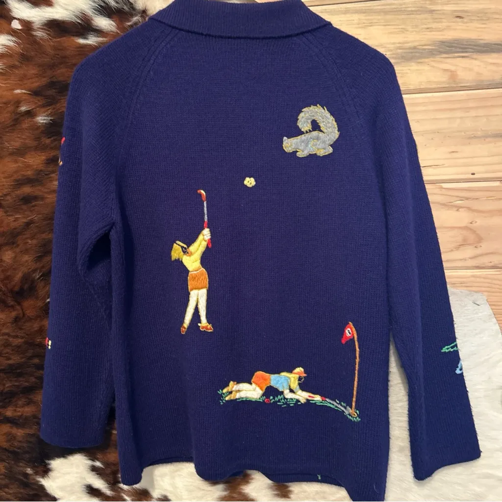 VTG Andreno Argento Womens Large Blue Embroidered Novelty Golf Cardigan - Image 11