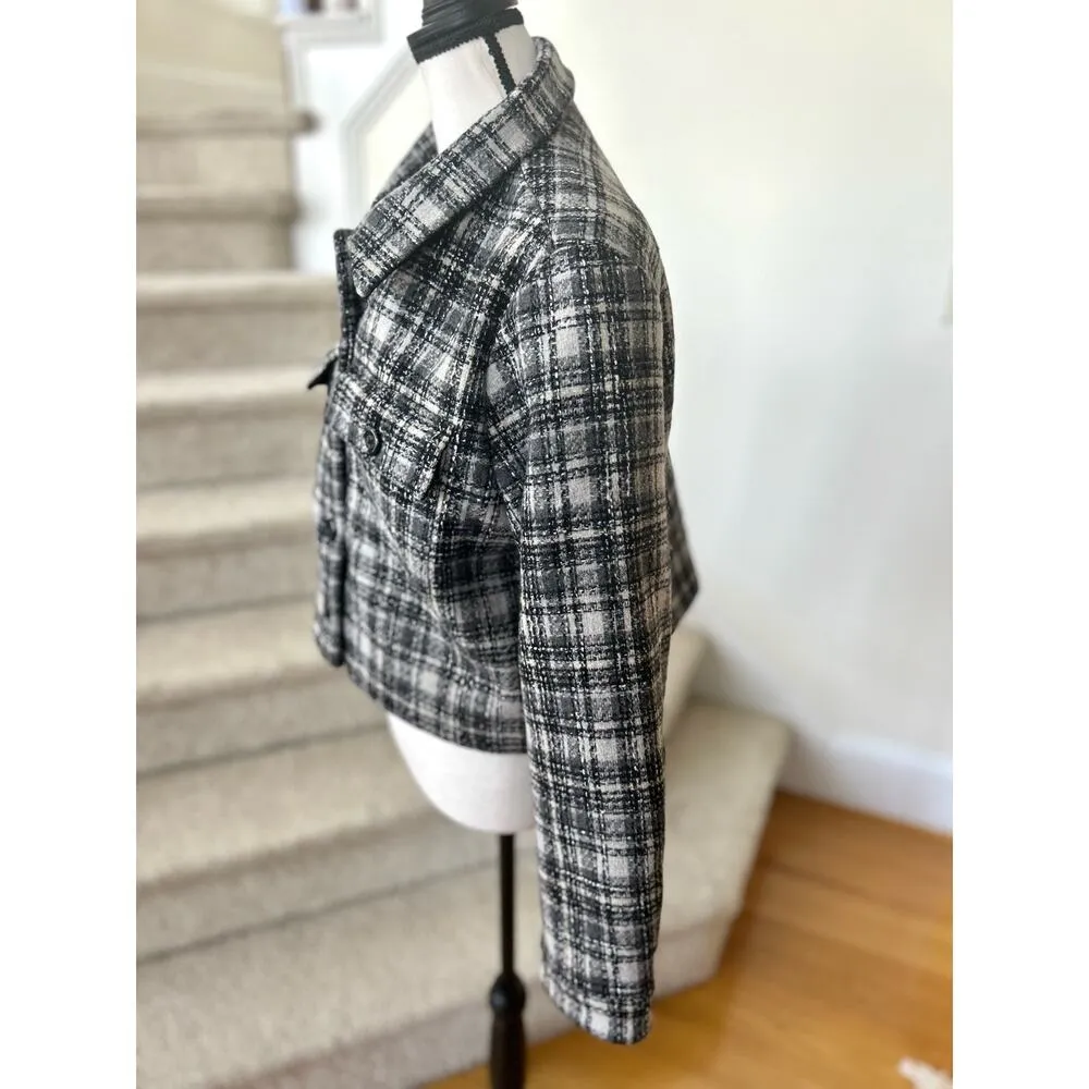 Reformation Black & White Plaid Tweed Wool Blend Blazer Shacket - Image 3
