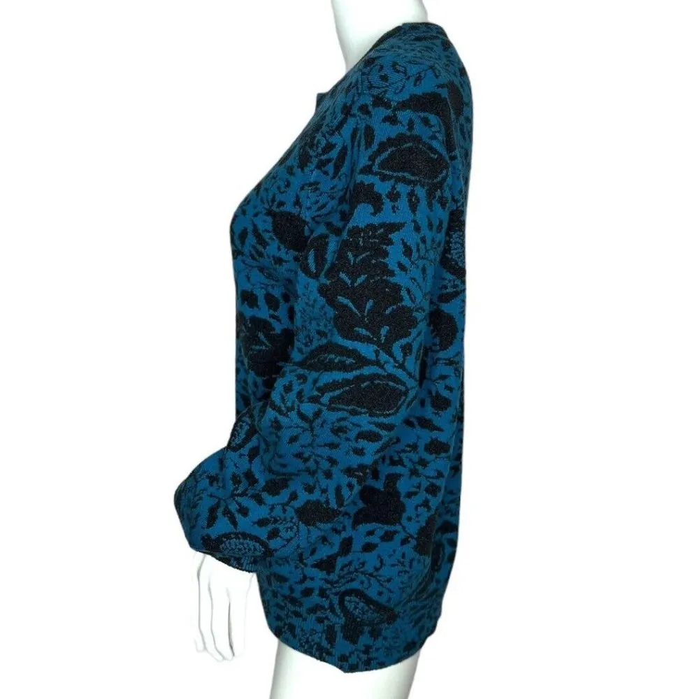 Ann Taylor Sweater Womens Medium Teal Black Floral Jacquard Easy Crew Neck Comfy - Image 3