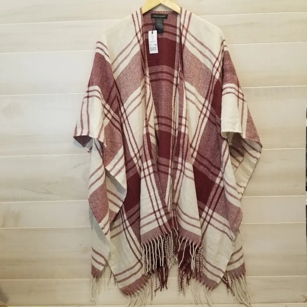 {OS} NWT Banana Republic Mariana Plaid Red Fringe Komono Blanket Cashmere Blend - Image 2