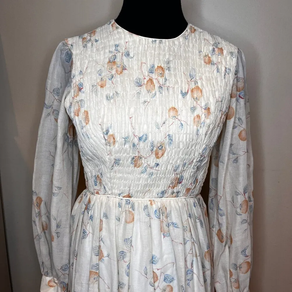 VTG Autumn Peach Leaf Maxi Dress 70s Cream Maxi Handmade SZ 6 Romantic Feminine Orange - Image 2