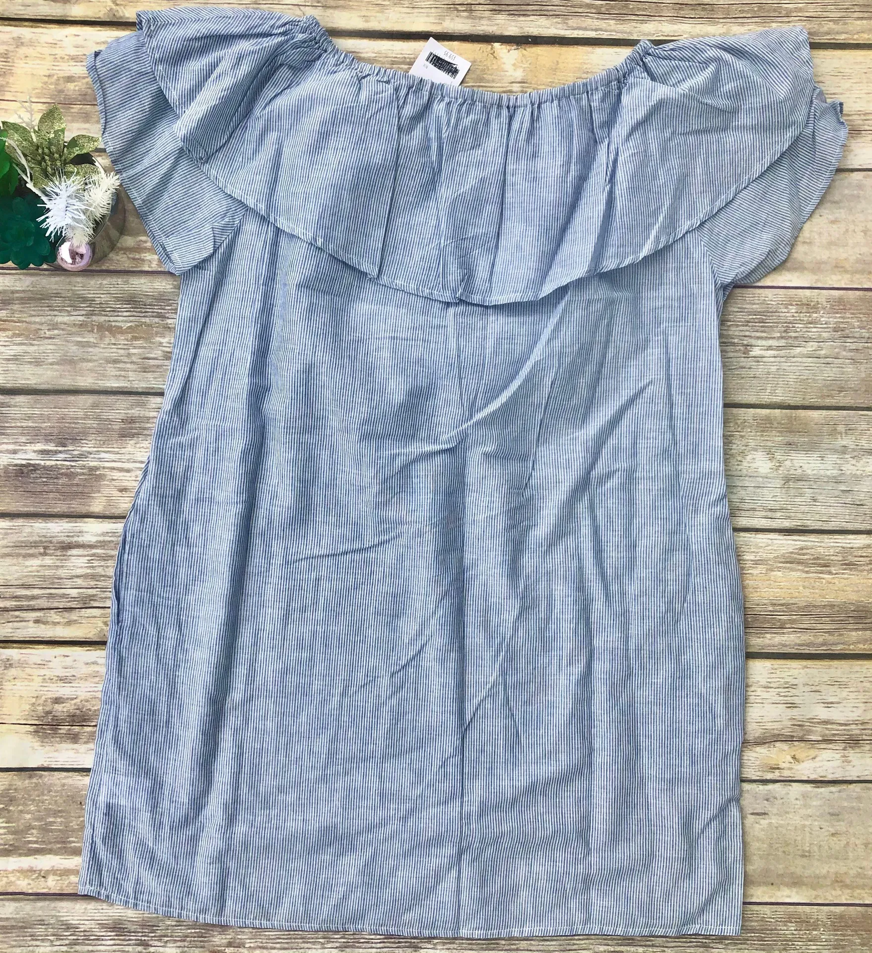 Blue & White Striped Off Shoulder Ruffle Dress - Image 4