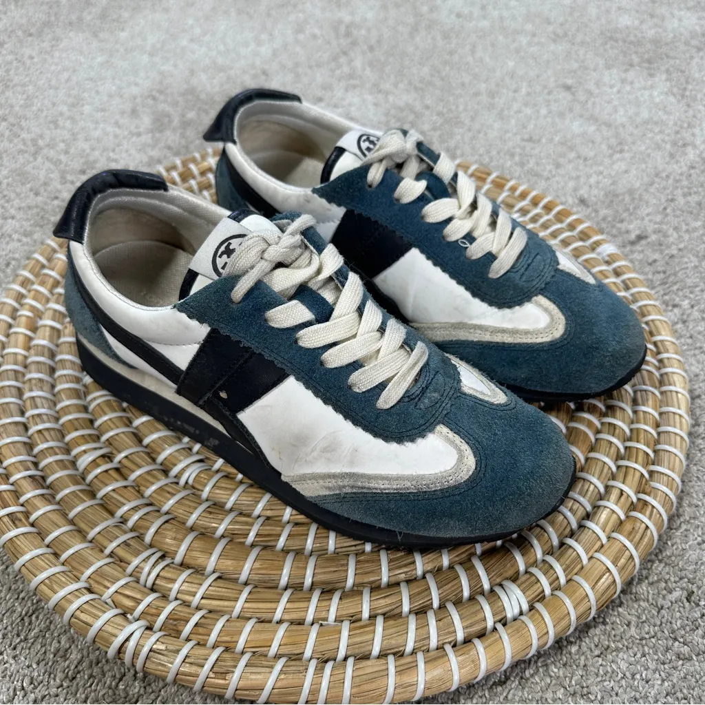 Tory Burch Hank Snow White/Bright Navy Low Top Sneakers Shoes Suede Leather 5 - Image 2