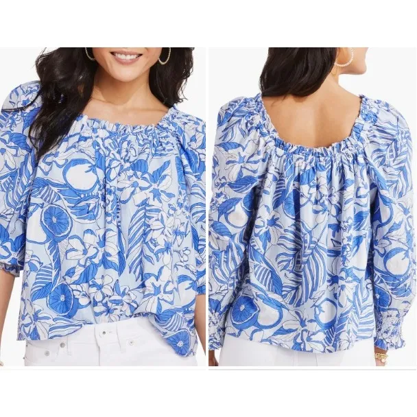 Vineyard Vines Painted‎ Palm Beach Ruffle Blouse Blue Floral Smocked Size Large - Image 7