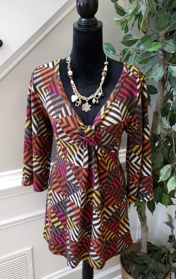 Women's One World Multicolor Tunic Top L Boho V Neck 3/4 Sleeve Stretch Knit - Image 1