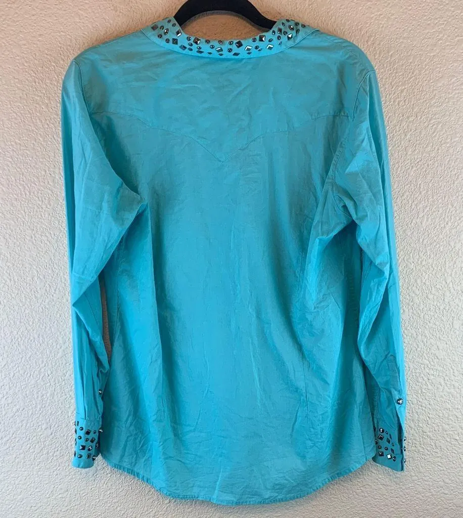Ariat blue women’s collared shirt sz L studs western country coastal cowgirl - Image 6
