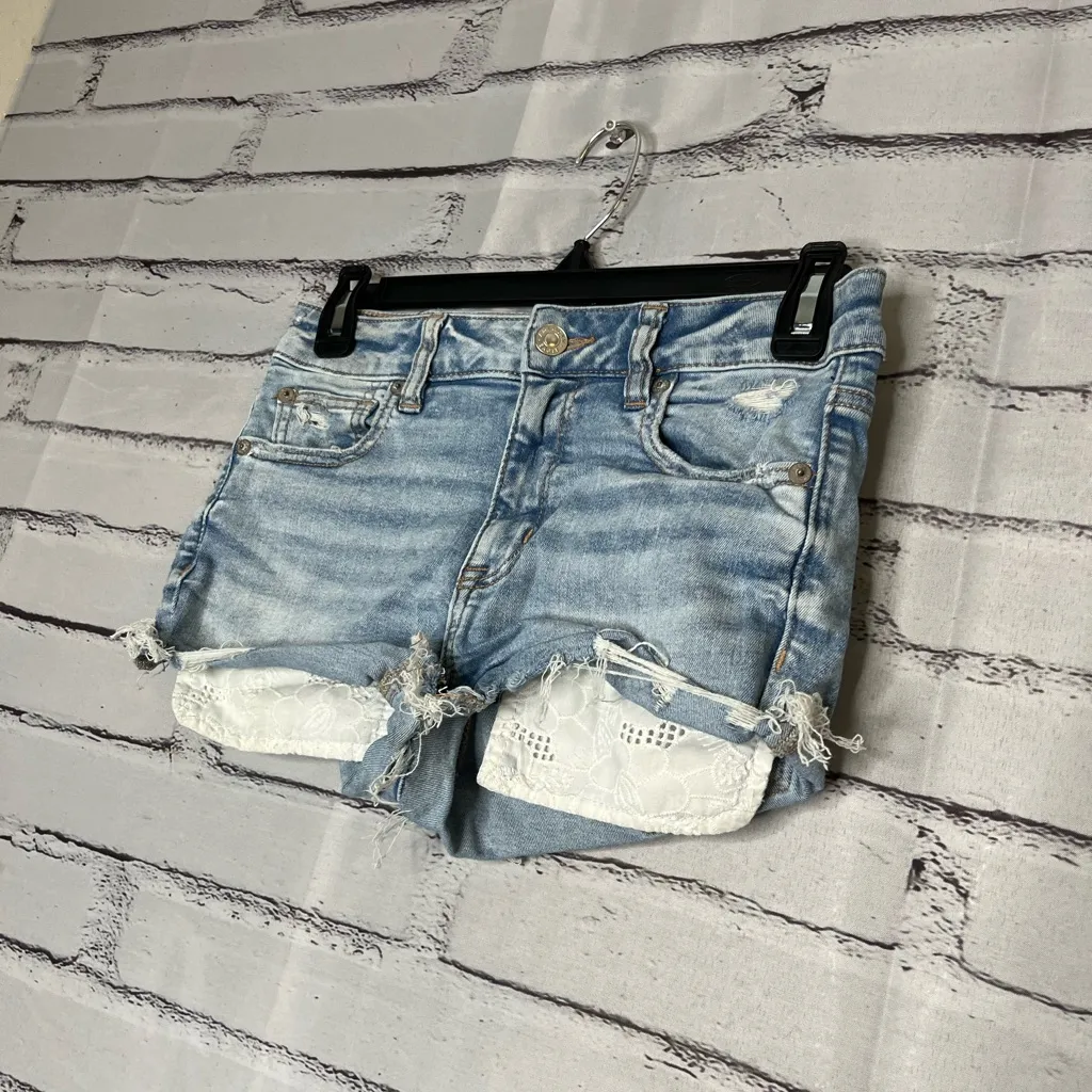 American Eagle Blue Jean Shorts Distressed Frayed Hem SZ 2 Biker High Waist Y2K - Image 6