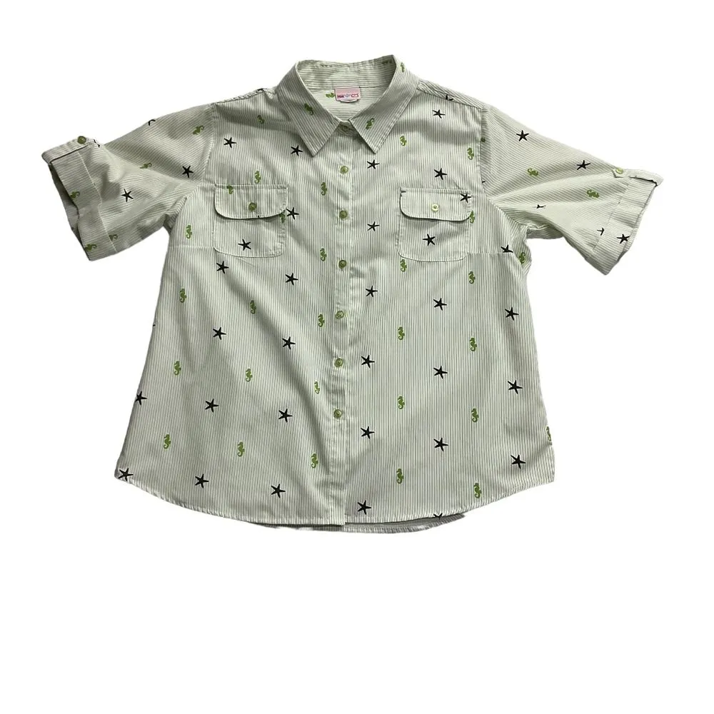 American Sweetheart Stars‎ Seahorse Stripe Blouse Shirt Button Up Sz L Nautical Green Size L - Image 9