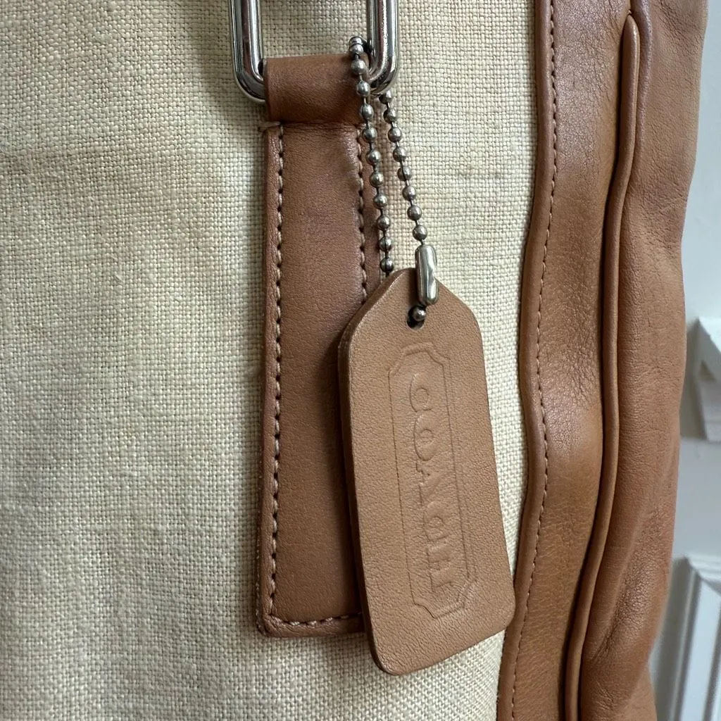 Rare Vintage Coach 9429 Bonnie Bucket Linen Leather Tan Cream Satchel Small Tote - Image 6