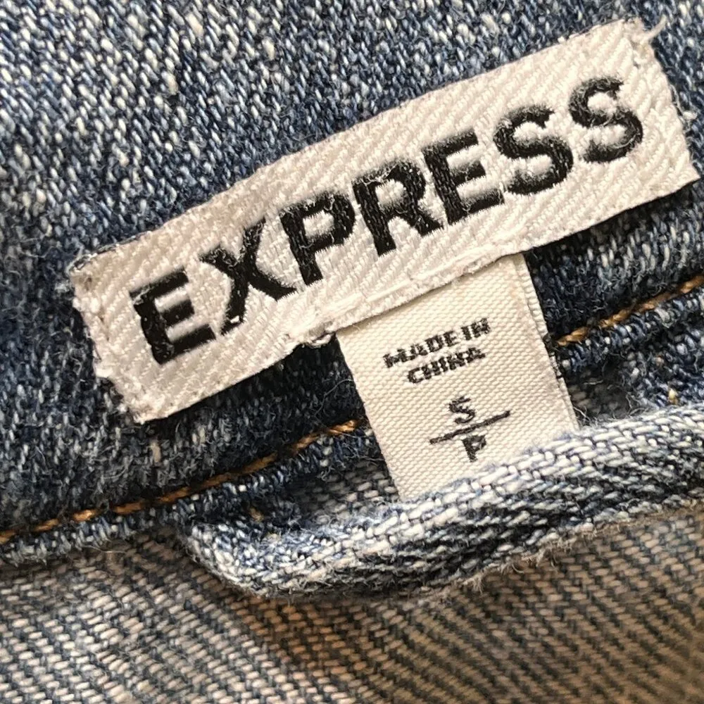 EXPRESS  Denim Jacket Size Small 100% Cotton Button Down Medium Wash Waist Length - Image 7