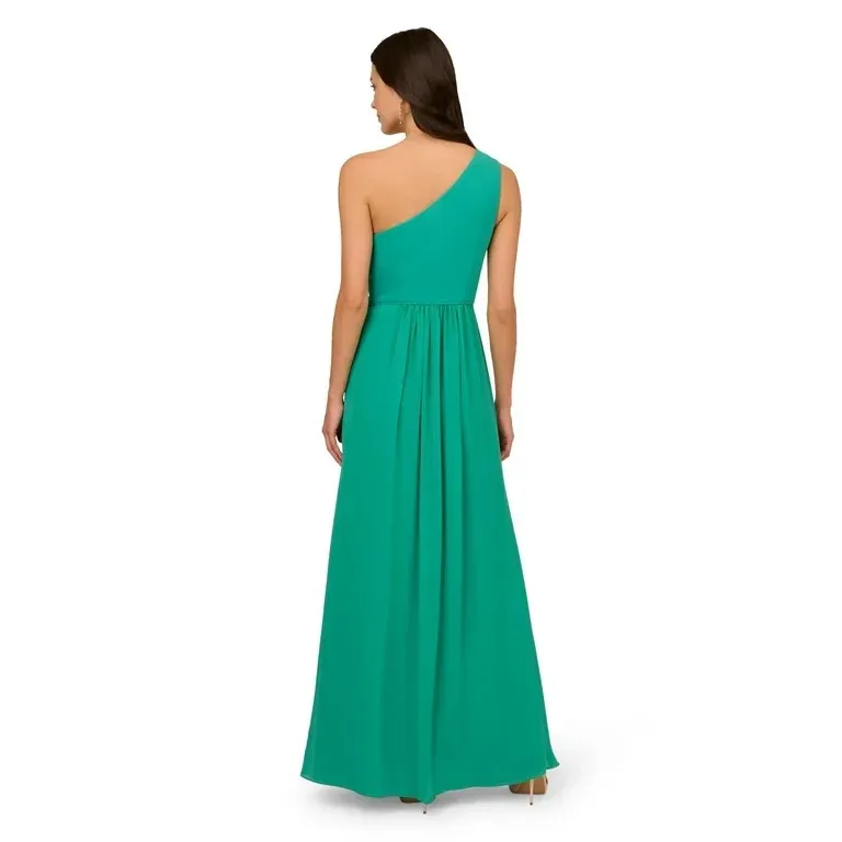 Adrianna Papell One-Shoulder Chiffon Gown Botanical Green size 16 (NWT) - Image 2