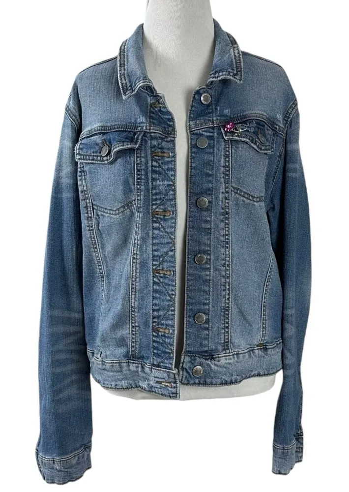 Vintage Flower Brooch & Mossimo Denim Jacket Size XXL Bohemian Fall Distressed Blue - Image 1