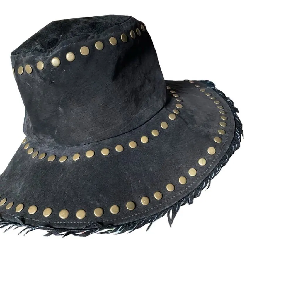 Suede Boho Black Fringe Studded Festival Bucket Hat Gold Stud one size - Image 3