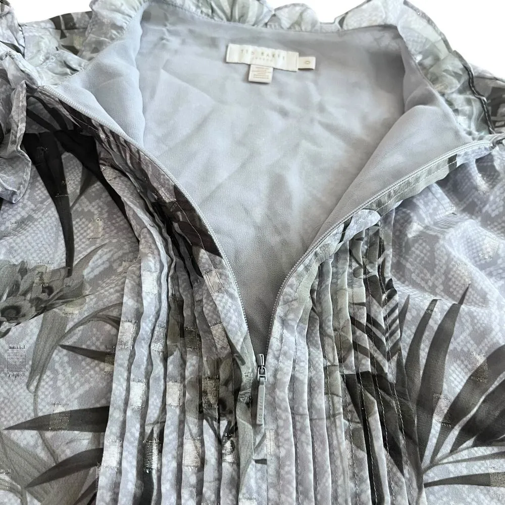 Ted Baker Tibbine Highland Pleated Floral Print Gray Long Sleeve Top Size 0/US 2 - Image 4