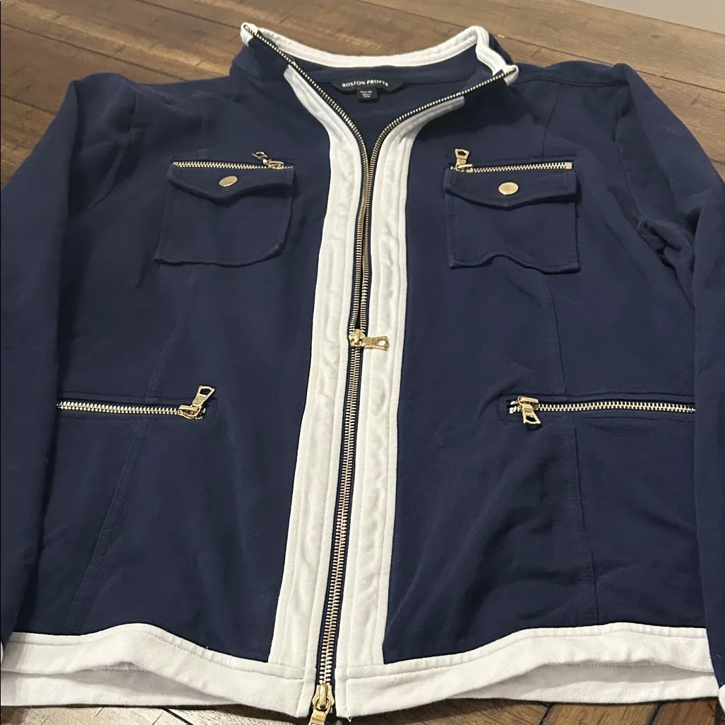 Boston Proper Navy Blue Zip Front Jacket with White Trim, Size XL GUC - Image 3