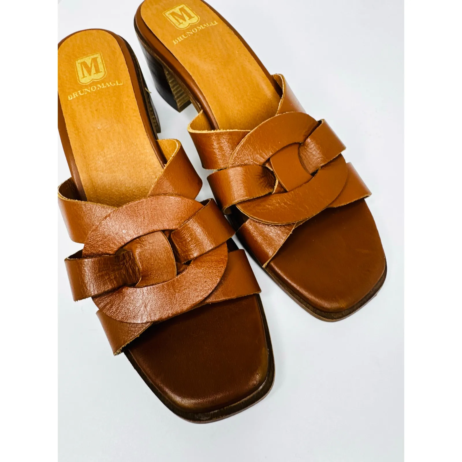 Bruno Magli Retro Classic Leather in Rich Cognac Block Heel Slide Sandals 40 Brown Size 9 - Image 7