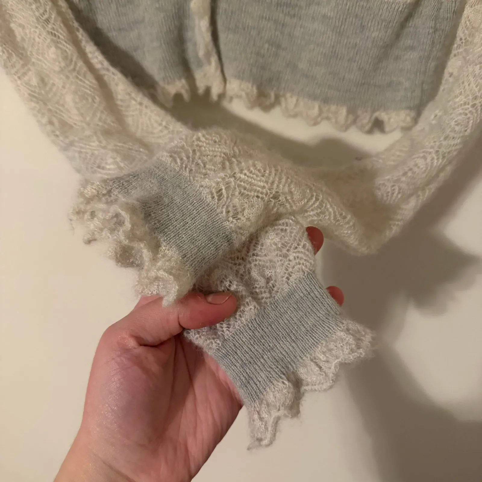 Knitted & Knotted Wool Alpaca Loose Knit Ruffle Hem Cardigan Sweater Size Large Gray - Image 5