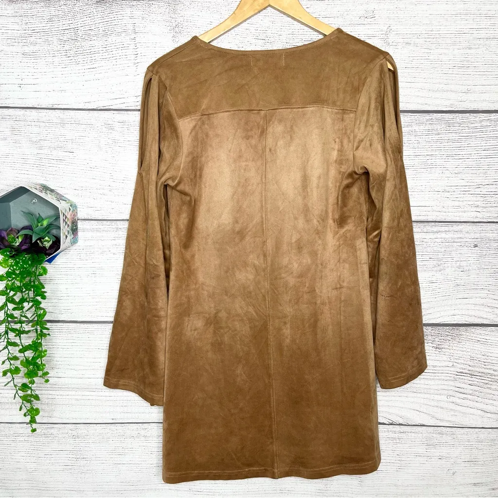 Mink Pink Tan Faux Suede Long Bell Sleeve Open Shoulder Mini Dress Size Medium - Image 9