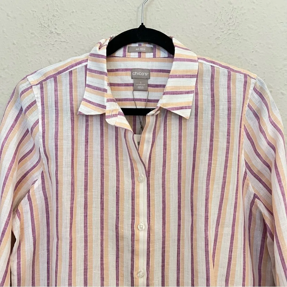 Chico’s Linen Metallic Striped Roll-Tab Button Front Shirt NEW Size 1 - Image 4