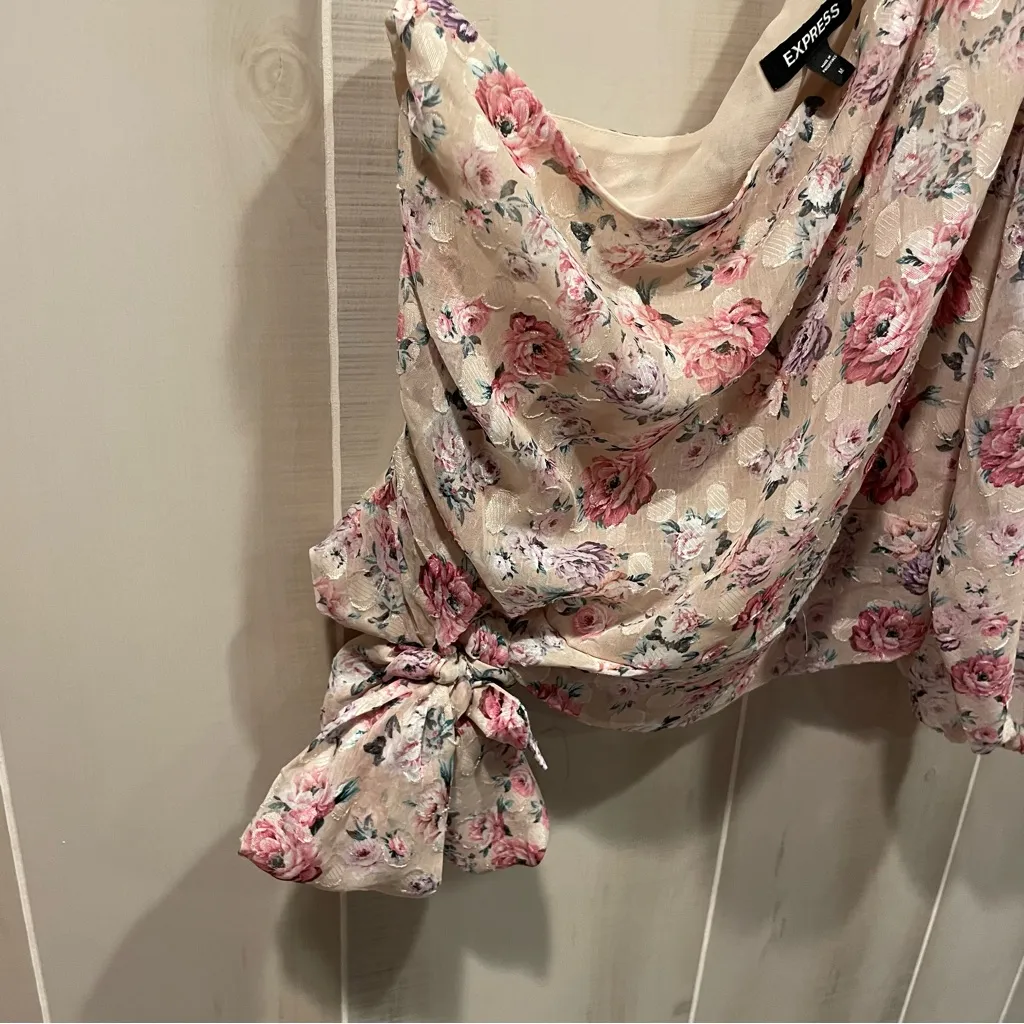 Cute creamy blush floral ruffle crop silky 1 shoulder crop top mermaid fairy - Image 3