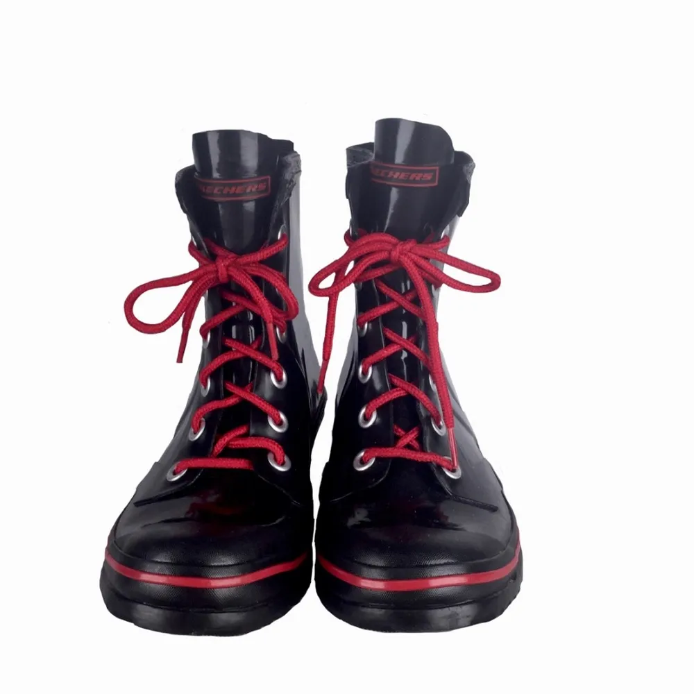 Glossy Black & Red Waterproof Short Lace-Up Rain Boots - Image 4