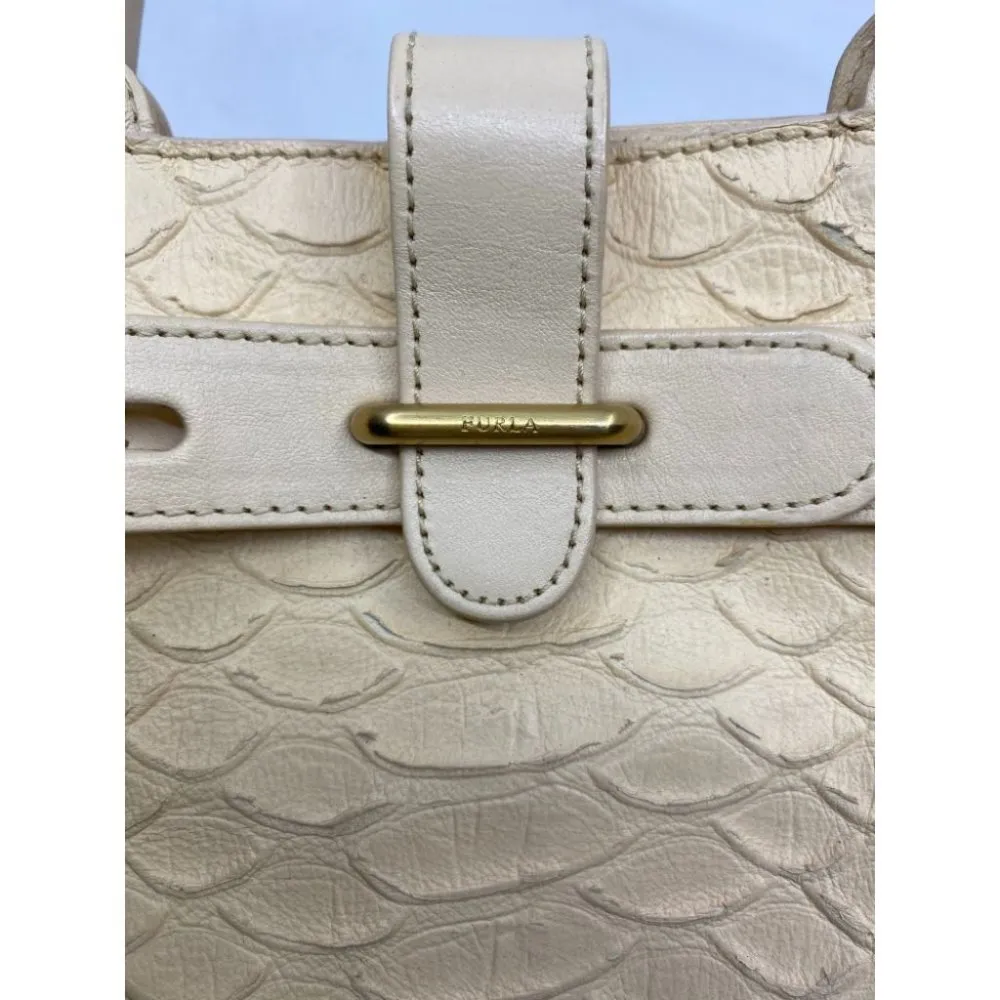FURLA Croc Embossed Beige Leather Handbag - Image 13