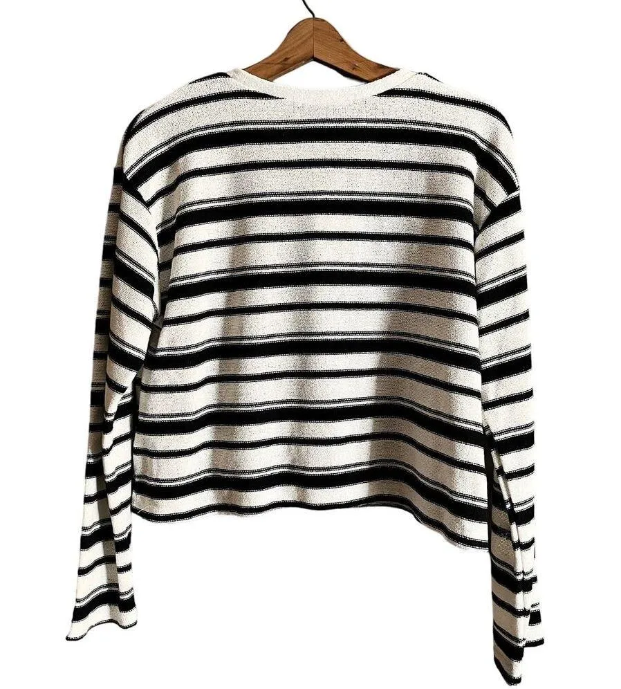 ZARA Crop Rustic Sweater Striped Long Sleeve Cotton White Black Crew Neck Medium - Image 4