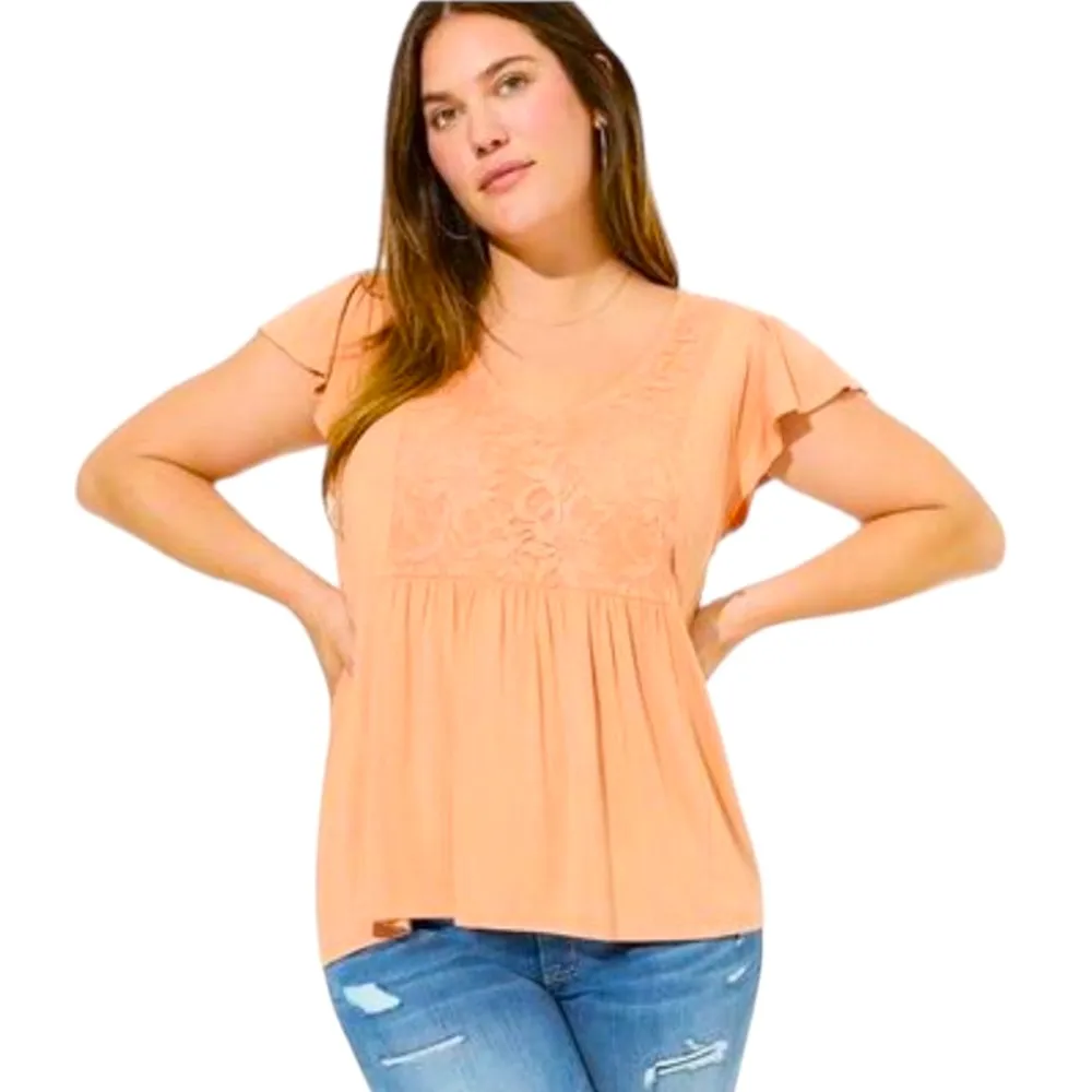 Super Soft V-Neck Ruffle Tee With Lace Detail - Image 3
