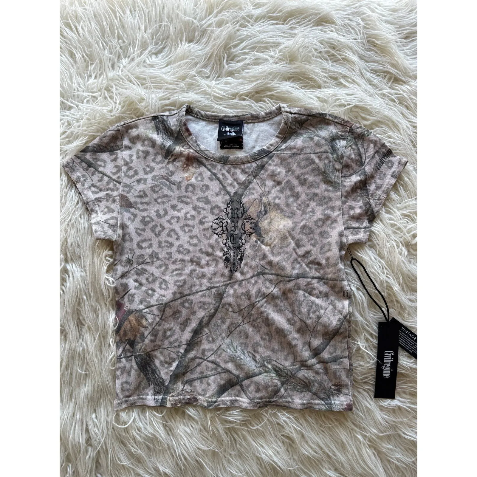 Civil Regime Concrete Sin Energy Baby Tee Sun Wash Leopard Camo Size Large Tan - Image 4